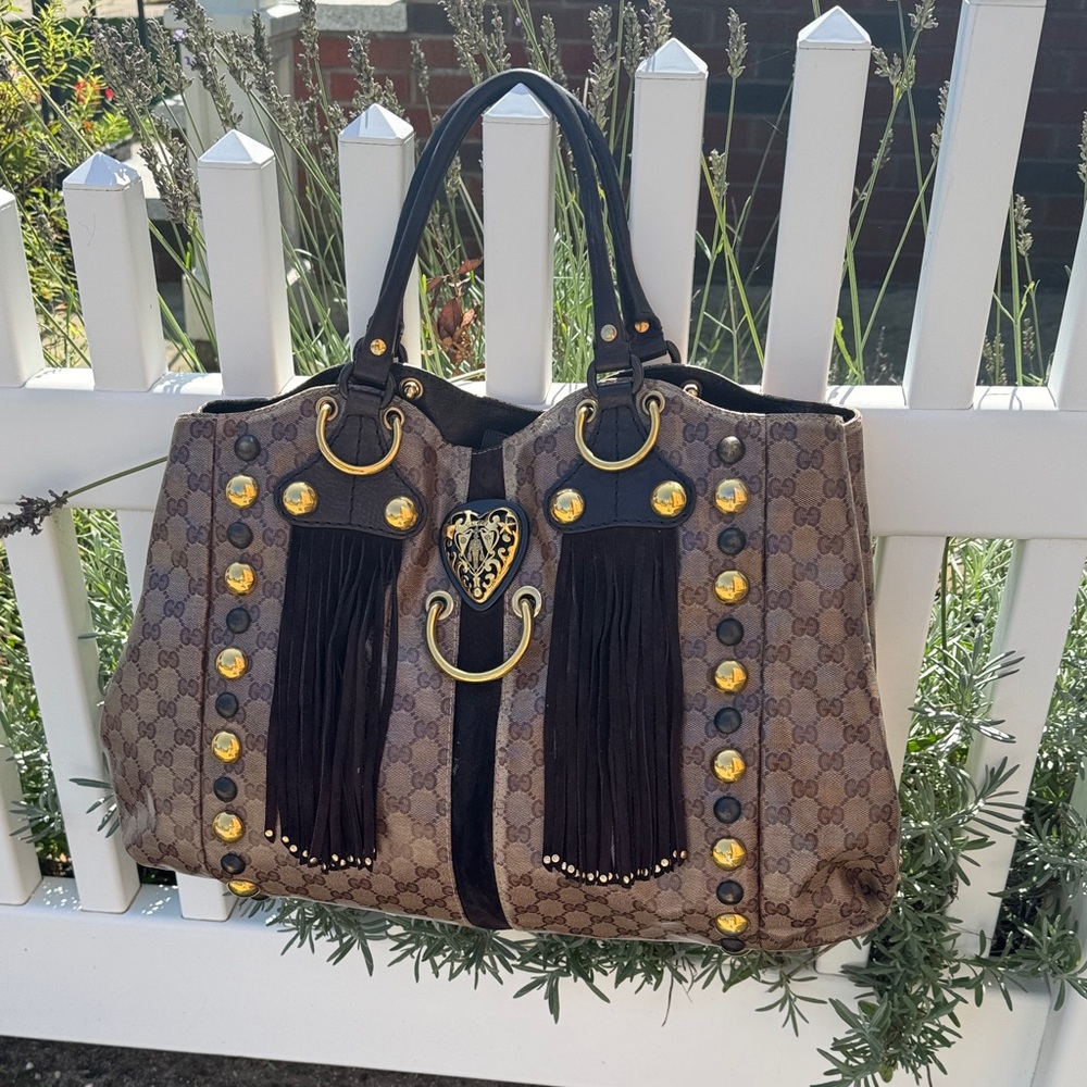 EUC Gucci Babouska Heart Beige Ebony Crystal Canvas Tote Bag